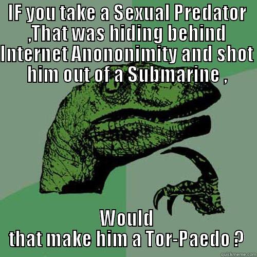 IF YOU TAKE A SEXUAL PREDATOR ,THAT WAS HIDING BEHIND INTERNET ANONONIMITY AND SHOT HIM OUT OF A SUBMARINE , WOULD THAT MAKE HIM A TOR-PAEDO ? Philosoraptor