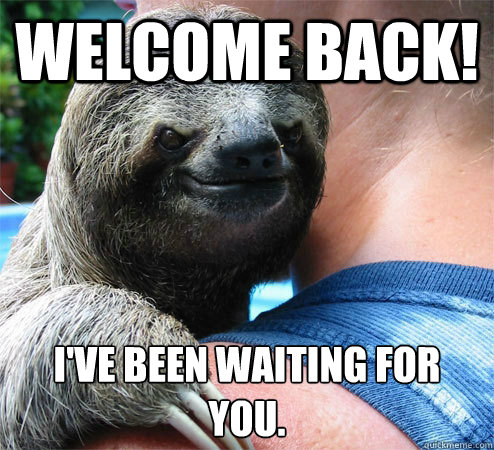 Welcome back! I've been waiting for you.
 - Welcome back! I've been waiting for you.
  Suspiciously Evil Sloth