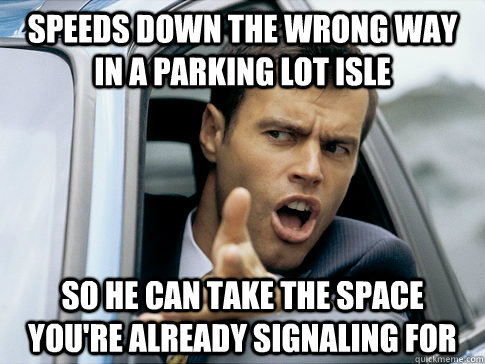 speeds down the wrong way in a parking lot isle so he can take the space you're already signaling for  Asshole driver