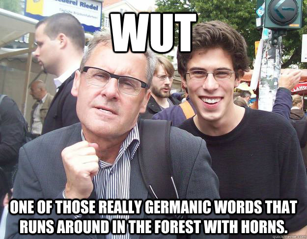 Wut One of those really Germanic words that runs around in the forest with horns.  