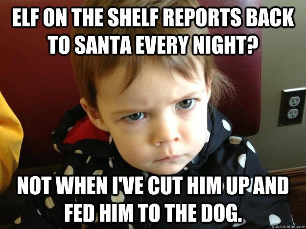 Elf on the Shelf reports back to Santa every night? Not when I've cut him up and fed him to the dog.  