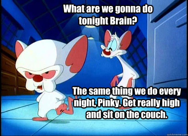 What are we gonna do tonight Brain? The same thing we do every night, Pinky. Get really high and sit on the couch.  Pinky and the Brain