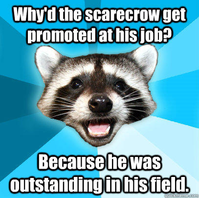 Why'd the scarecrow get promoted at his job? Because he was outstanding in his field.  Lame Pun Coon