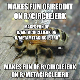 makes fun of reddit on r/circlejerk makes fun of r/circlejerk on r/metacirclejerk makes fun of r/metacirclejerk on r/metametacirclejerk etc...  Hivemind bee