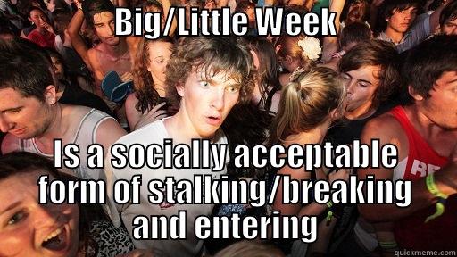                   BIG/LITTLE WEEK                     IS A SOCIALLY ACCEPTABLE FORM OF STALKING/BREAKING AND ENTERING Sudden Clarity Clarence