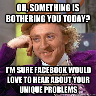 Oh, something is bothering you today? I'm sure facebook would love to hear about your unique problems  Condescending Wonka