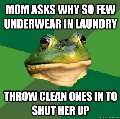 Mom asks why so few underwear in laundry Throw clean ones in to shut her up  Foul Bachelor Frog
