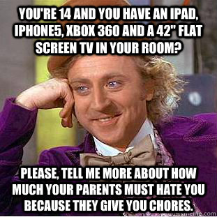 You're 14 and you have an ipad, iphone5, xbox 360 and a 42