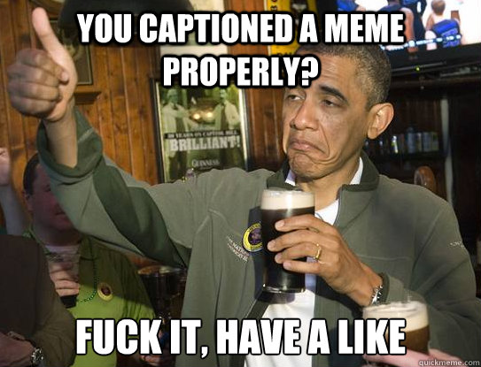 You captioned a meme properly? Fuck it, Have a like   Upvoting Obama