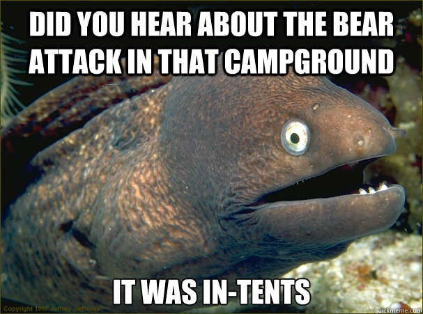 Did you hear about the bear attack in thAT CAMPGROUND IT WAS IN-TENTS - Did you hear about the bear attack in thAT CAMPGROUND IT WAS IN-TENTS  Bad Joke Eel