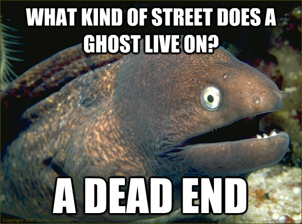 What kind of street does a ghost live on? A dead end  Bad Joke Eel