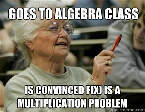 Goes to algebra class Is convinced f(x) is a multiplication problem  Senior College Student