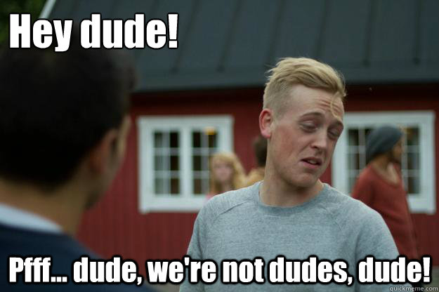Hey dude!      Pfff... dude, we're not dudes, dude! - Hey dude!      Pfff... dude, we're not dudes, dude!  The Ive heard better-Guy