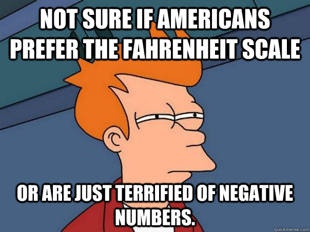 Not sure if Americans prefer the Fahrenheit scale Or are just terrified of negative numbers.  Futurama Fry