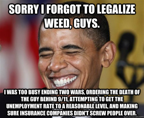 sorry I forgot to legalize weed, guys. I was too busy ending two wars, ordering the death of the guy behind 9/11, attempting to get the unemployment rate to a reasonable level, and making sure insurance companies didn't screw people over. - sorry I forgot to legalize weed, guys. I was too busy ending two wars, ordering the death of the guy behind 9/11, attempting to get the unemployment rate to a reasonable level, and making sure insurance companies didn't screw people over.  Scumbag Obama