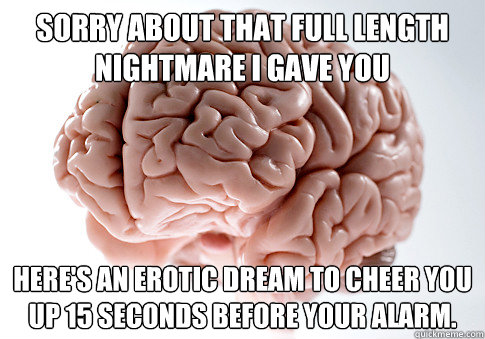 Sorry about that full length nightmare I gave you Here's an erotic dream to cheer you up 15 seconds before your alarm.  Scumbag Brain