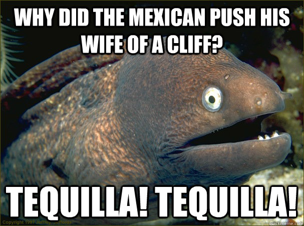 Why did the mexican push his wife of a cliff? Tequilla! tequilla!  Bad Joke Eel
