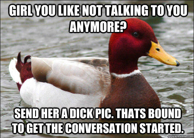 girl you like not talking to you anymore? send her a dick pic. Thats bound to get the conversation started.  Malicious Advice Mallard