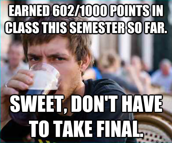 Earned 602/1000 points in class this semester so far. Sweet, don't have to take final.  Lazy College Senior
