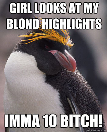 Girl looks at my blond highlights  Imma 10 bitch!  Socially Overconfident Penguin