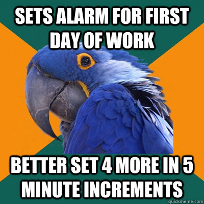 sets alarm for first day of work better set 4 more in 5 minute increments   Paranoid Parrot