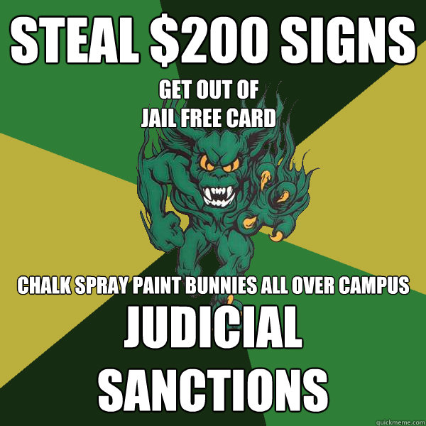 steal $200 signs judicial sanctions get out of jail free card chalk spray paint bunnies all over campus  Green Terror