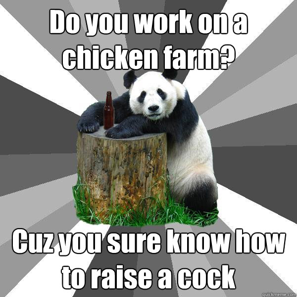 Do you work on a chicken farm?  Cuz you sure know how to raise a cock  Pickup-Line Panda
