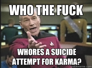 who the fuck whores a suicide attempt for karma?  Annoyed Picard