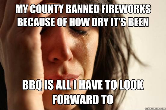 My county banned fireworks because of how dry it's been 
 BBQ is all i have to look forward to Caption 3 goes here  First World Problems