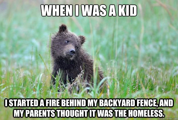 when i was a kid I started a fire behind my backyard fence, and my parents thought it was the homeless.  childhood confession bear