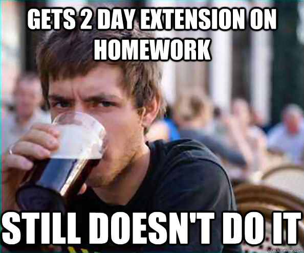 Gets 2 day extension on homework Still doesn't do it  Lazy College Senior