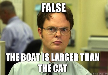 False The boat is larger than the cat  Schrute
