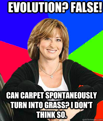 Evolution? False!  Can carpet spontaneously turn into grass? I don't think so.   Sheltering Suburban Mom