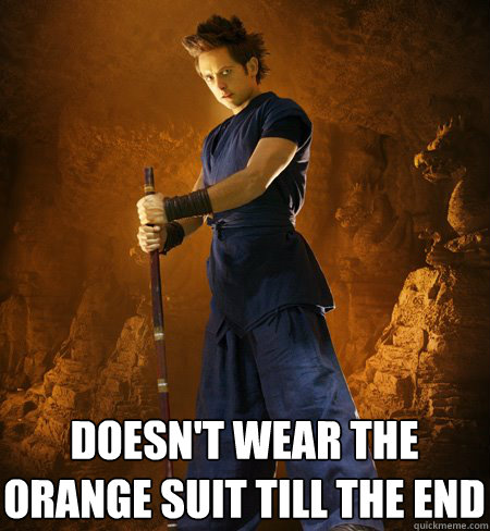 doesn't wear the orange suit till the end
  dragonball evolution goku