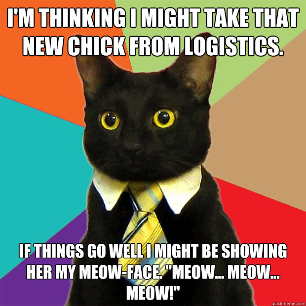 I'm thinking I might take that new chick from Logistics. If things go well I might be showing her my meow-face. 