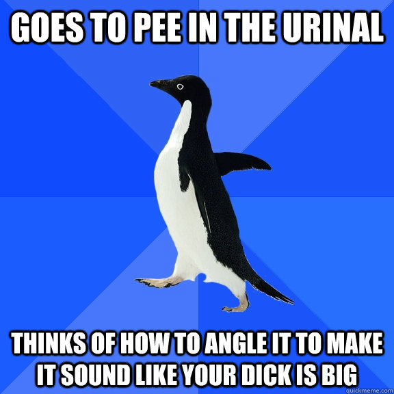 Goes to pee in the urinal thinks of how to angle it to make it sound like your dick is big  Socially Awkward Penguin