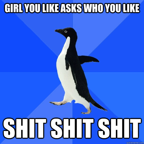 Girl you like asks who you like shit shit shit  Socially Awkward Penguin