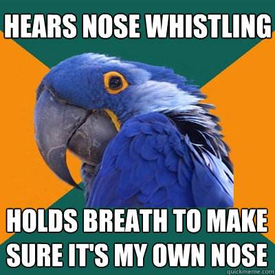 Hears nose whistling  Holds breath to make sure it's my own nose  Paranoid Parrot
