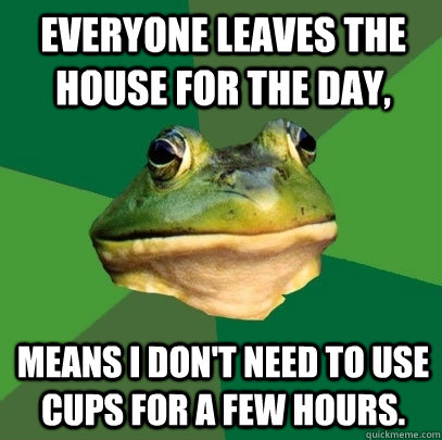 Everyone leaves the house for the day, means i don't need to use cups for a few hours.  Foul Bachelor Frog
