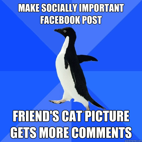 Make socially important facebook post Friend's cat picture gets more comments  Socially Awkward Penguin