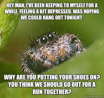 Hey man, I've been keeping to myself for a while, feeling a bit depressed. Was hoping we could hang out tonight. Why are you putting your shoes on? You think we should go out for a run together? - Hey man, I've been keeping to myself for a while, feeling a bit depressed. Was hoping we could hang out tonight. Why are you putting your shoes on? You think we should go out for a run together?  Misunderstood Spider