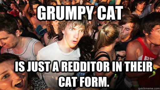 Grumpy cat  is just a redditor in their cat form.  Sudden Clarity Clarence