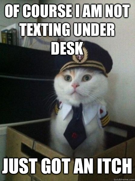 Of course I am not texting under desk Just got an itch  Captain kitteh