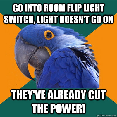 Go into room flip light switch, light doesn't go on They've already cut the power!  Paranoid Parrot