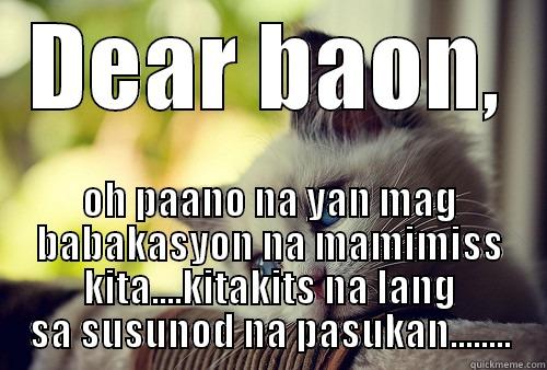 DEAR BAON, OH PAANO NA YAN MAG BABAKASYON NA MAMIMISS KITA....KITAKITS NA LANG SA SUSUNOD NA PASUKAN........ First World Problems Cat