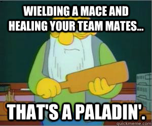 wielding a mace and healing your team mates... That's a paladin'. - wielding a mace and healing your team mates... That's a paladin'.  Paddlin Jasper