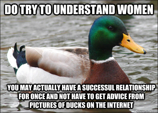 Do try to understand women you may actually have a successul relationship for once and not have to get advice from pictures of ducks on the internet  Actual Advice Mallard