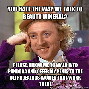 you hate the way we talk to beauty mineral? please, allow me to walk into pandora and offer my penis to the ultra jealous women that work there  Willy Wonka Meme