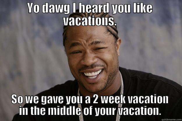 xzibit vacation - YO DAWG I HEARD YOU LIKE VACATIONS. SO WE GAVE YOU A 2 WEEK VACATION IN THE MIDDLE OF YOUR VACATION. Xzibit meme