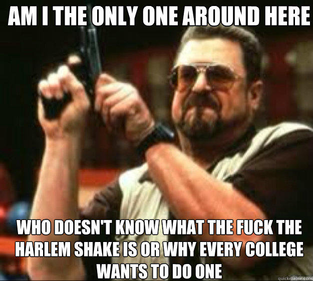 Am i the only one around here Who doesn't know what the fuck the harlem shake is or why every college wants to do one  Angey Walter